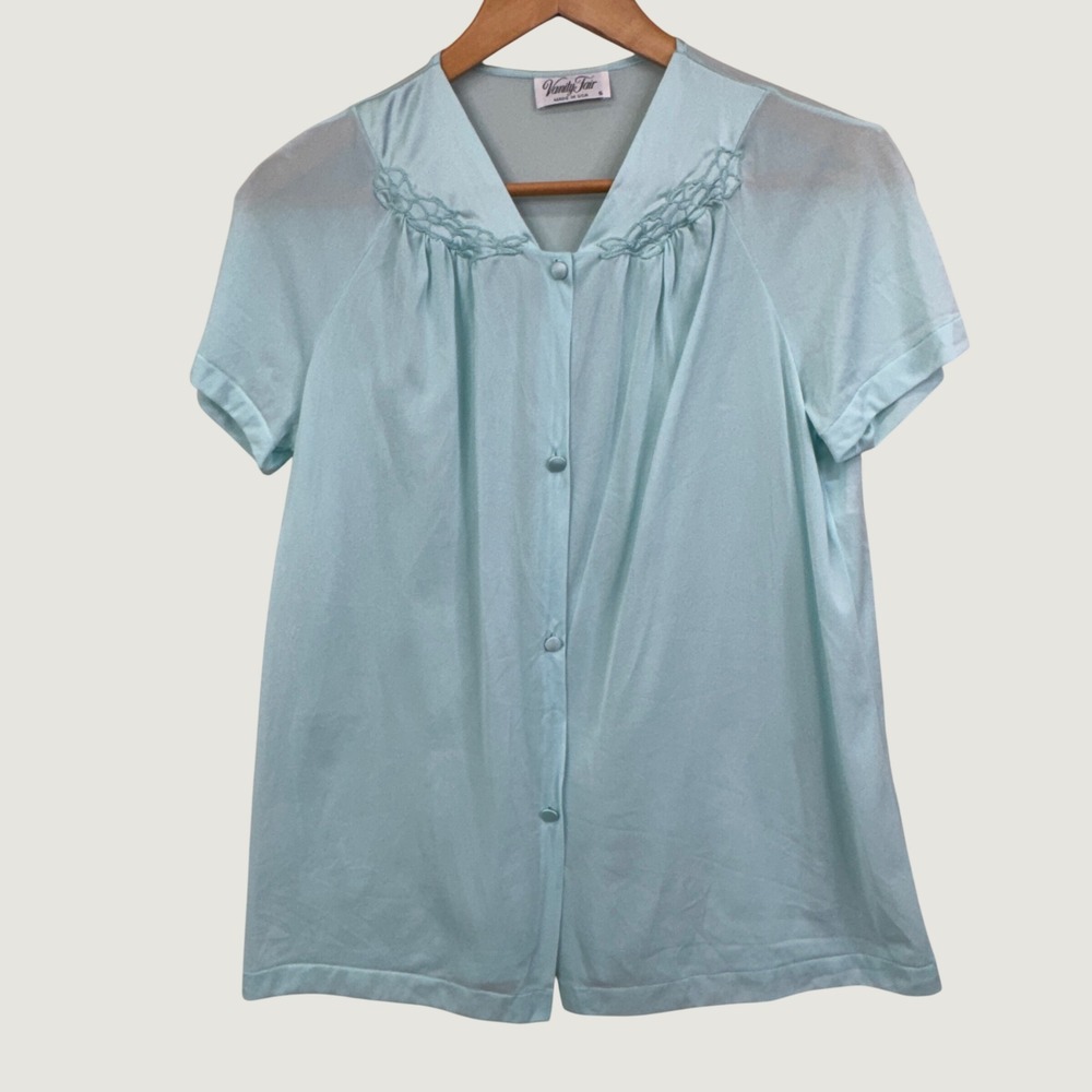 Vanity Fair Bed Jacket Size S Blue Vintage Nylon Button Front Loungewear retro